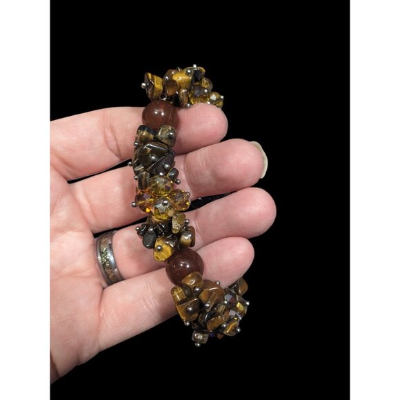 Brown Gemstone Chip Glass Beaded Tiger Eye Stretch Braceket - Picture 4 of 6
